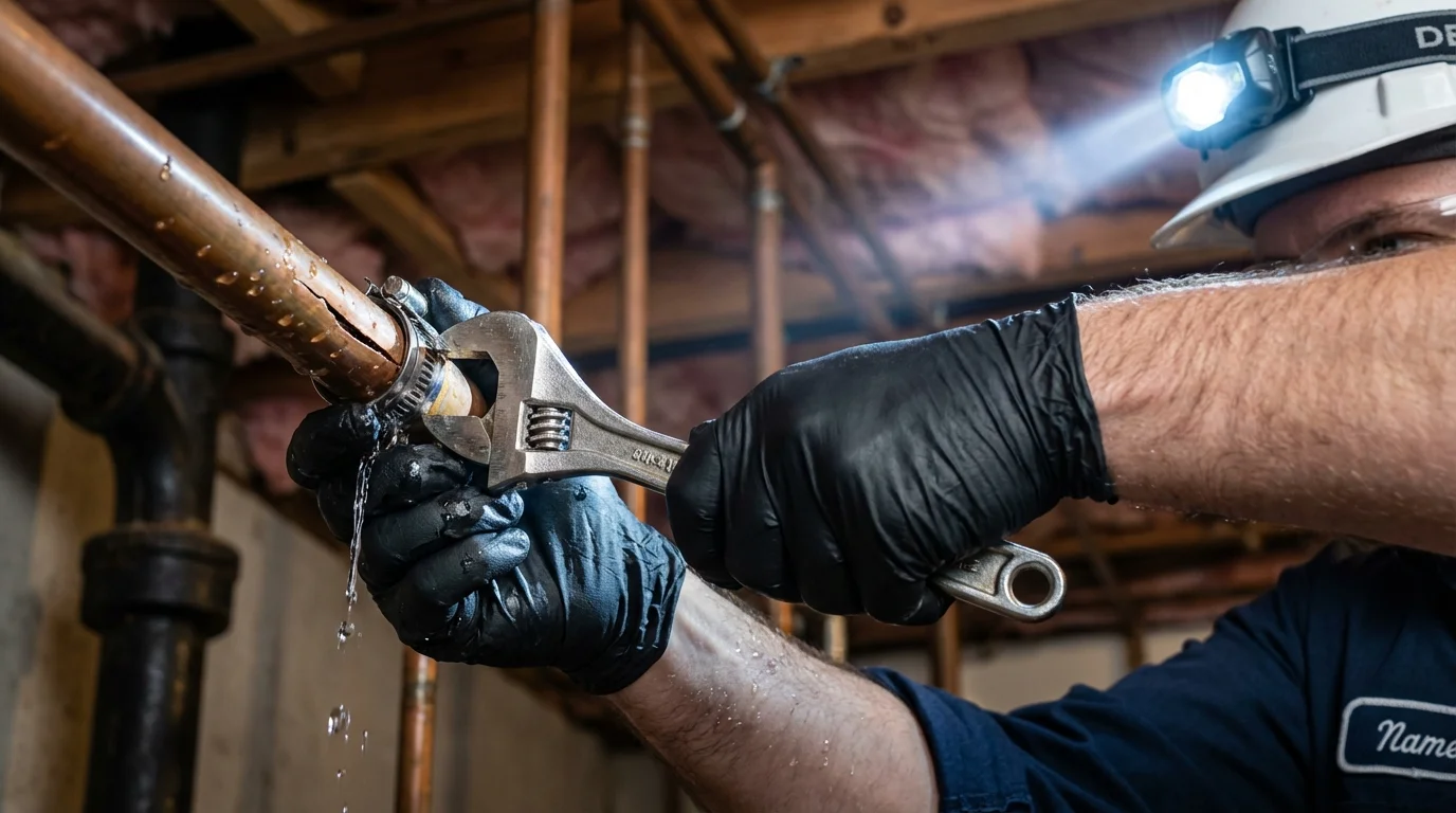 Emergency pipe clamp repair being performed by a Johns Plumbing LLC plumber in Silsbee
