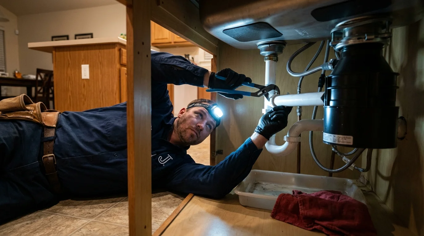 P-trap and supply line connections under a kitchen sink showing a common leak point in Silsbee, TX